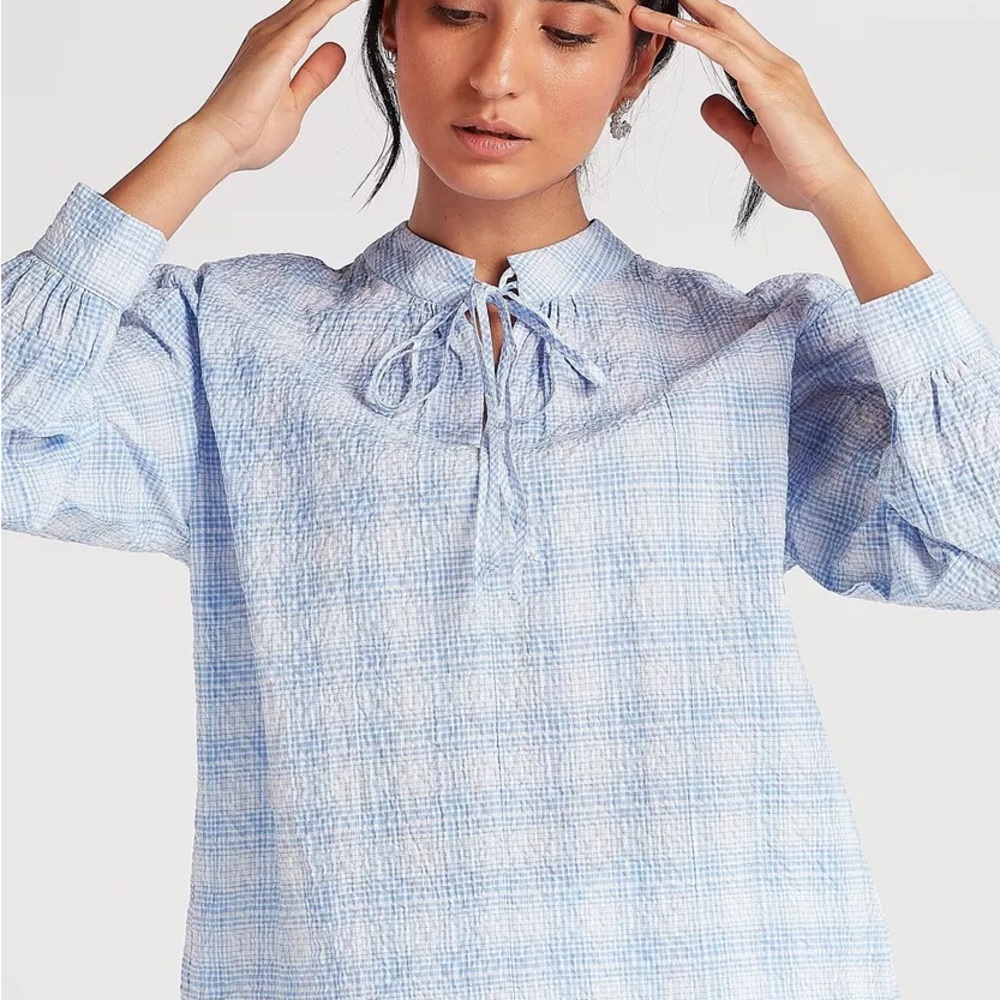 Zara Checkered Plaid Blue Blouse with Tie Neck